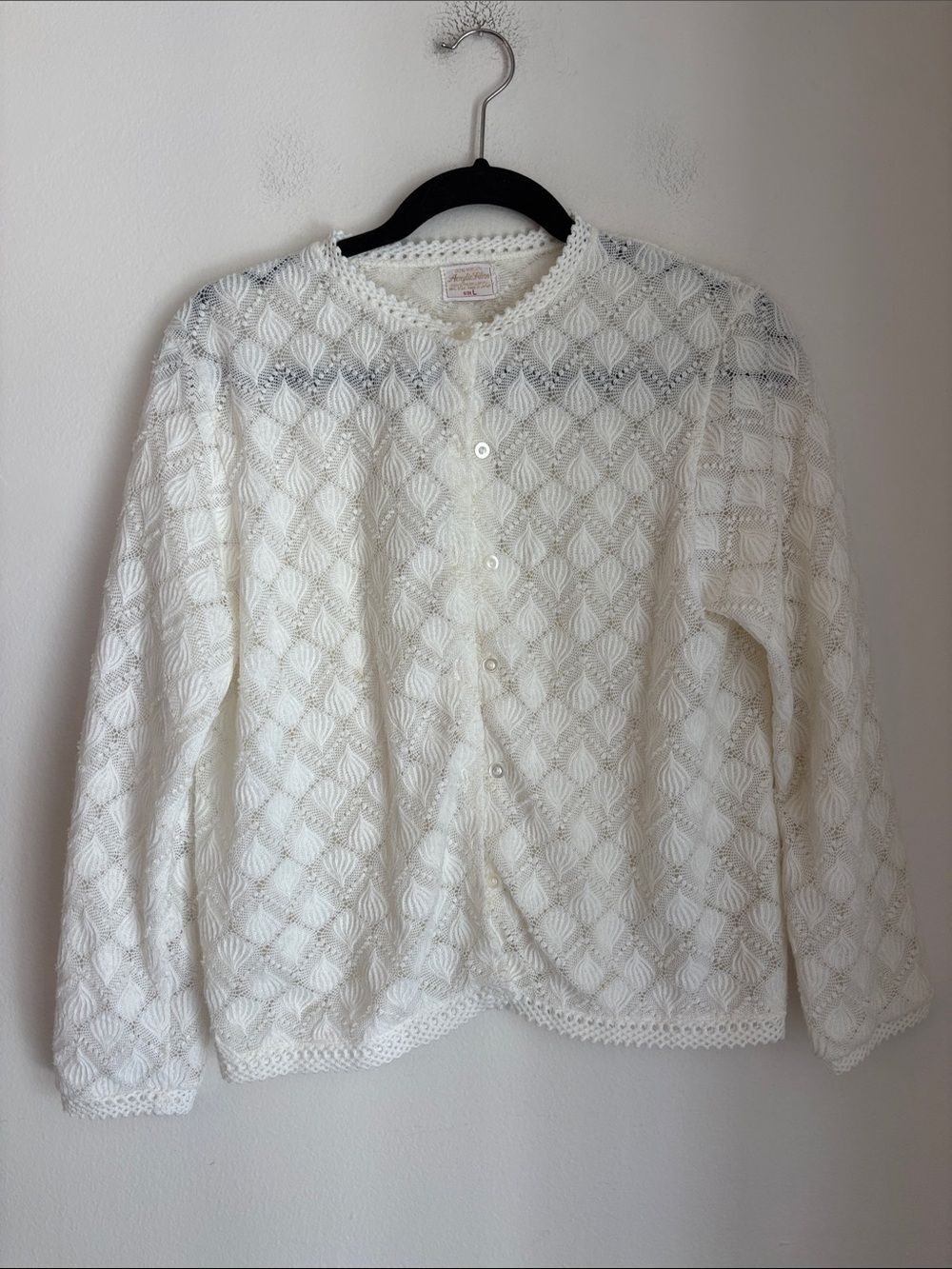 Vintage lace White Crochet Knit Button-Up lined womens Cardigan large Japan READ